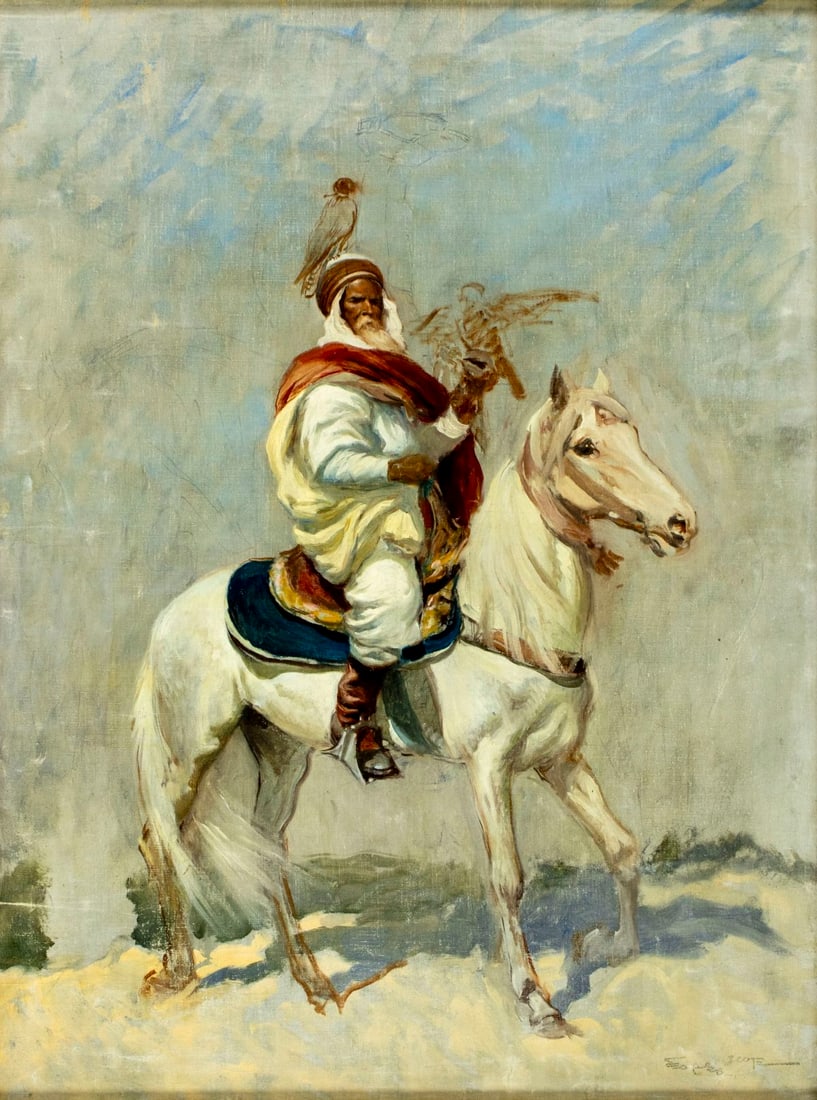 Georges Bertin Scott (France,1873-1942) oil painting antique: ARTIST: Georges Bertin Scott (French, 1873 - 1942) TITLE: Arab Man on Horse MEDIUM: oil on canvas CONDITION: Some paint losses. Some craquelure. No visible inpaint under U