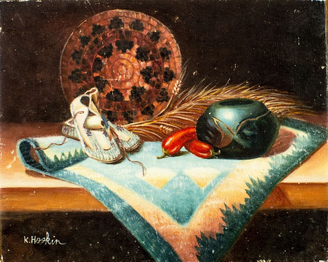 K Hoskin (US,mid 20C) oil painting: ARTIST: K Hoskin (American, mid 20 century) TITLE: Still Life MEDIUM: oil on canvas board CONDITION: Some small scratches/paint losses (see pictures carefully). No visible i