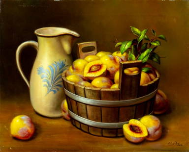W Pater (US,20C) oil painting: ARTIST: W Pater (American, 20 century) TITLE: Still Life with Peaches MEDIUM: oil on canvas CONDITION: Few small scratches mostly along edges. No visible inpaint under UV li