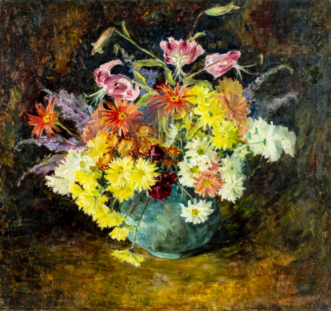 Ruth Bamberger (NJ,early 20C) oil painting antique: ARTIST: Ruth Bamberger (New Jersey, early 20 century) TITLE: Still Life with Vase of Flowers MEDIUM: oil on canvas CONDITION: Some patches with corresponding paint losses. S