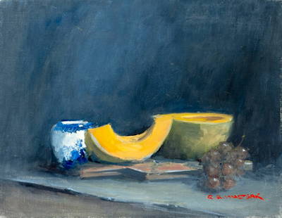 Robert Waltsak (NJ,b 1944) oil painting: ARTIST: Robert Alan Waltsak (New Jersey, born 1944) TITLE: Still Life with Melon and Grapes MEDIUM: oil on canvas CONDITION: Some scratches/paint losses. No visible inpaint