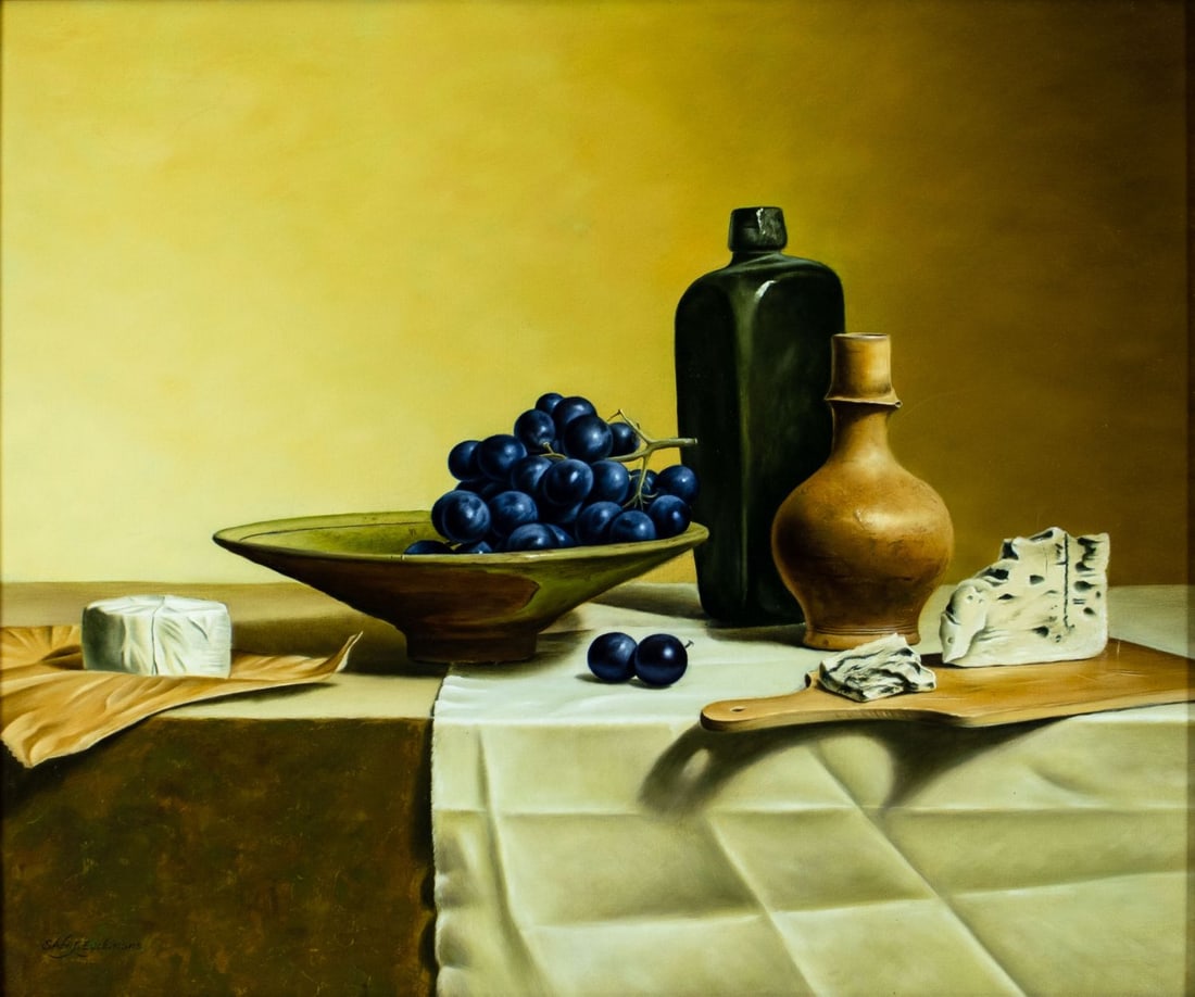 Stefaan Eyckmans (Belgium,b 1964) oil painting: ARTIST: Stefaan Eyckmans (Belgian, born 1964) TITLE: Still Life with Bottles, Grapes and Cheese YEAR: 2001 MEDIUM: oil on board CONDITION: Some faint scr
