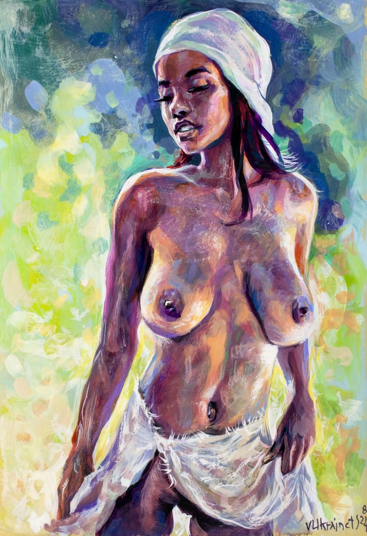Valentin Ukrainets (Ukraine,b 1965) acrylic painting: ARTIST: Valentin Ukrainets (Ukrainian, born 1965) TITLE: Nude - Charming African Woman in Nature (titled on verso) MEDIUM: acrylic on heavy paper CONDITION: Very good. No vi
