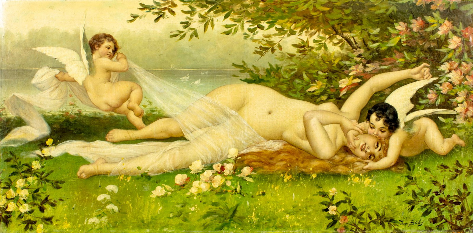 Josef Suhs (German,1864-1938) oil painting antique: ARTIST: Josef Wilhelm Suhs (Germany, 1864 - 1938) TITLE: Nude and Cherubs MEDIUM: oil on canvas CONDITION: One small patch. Few repaired small tears. Some small paint los