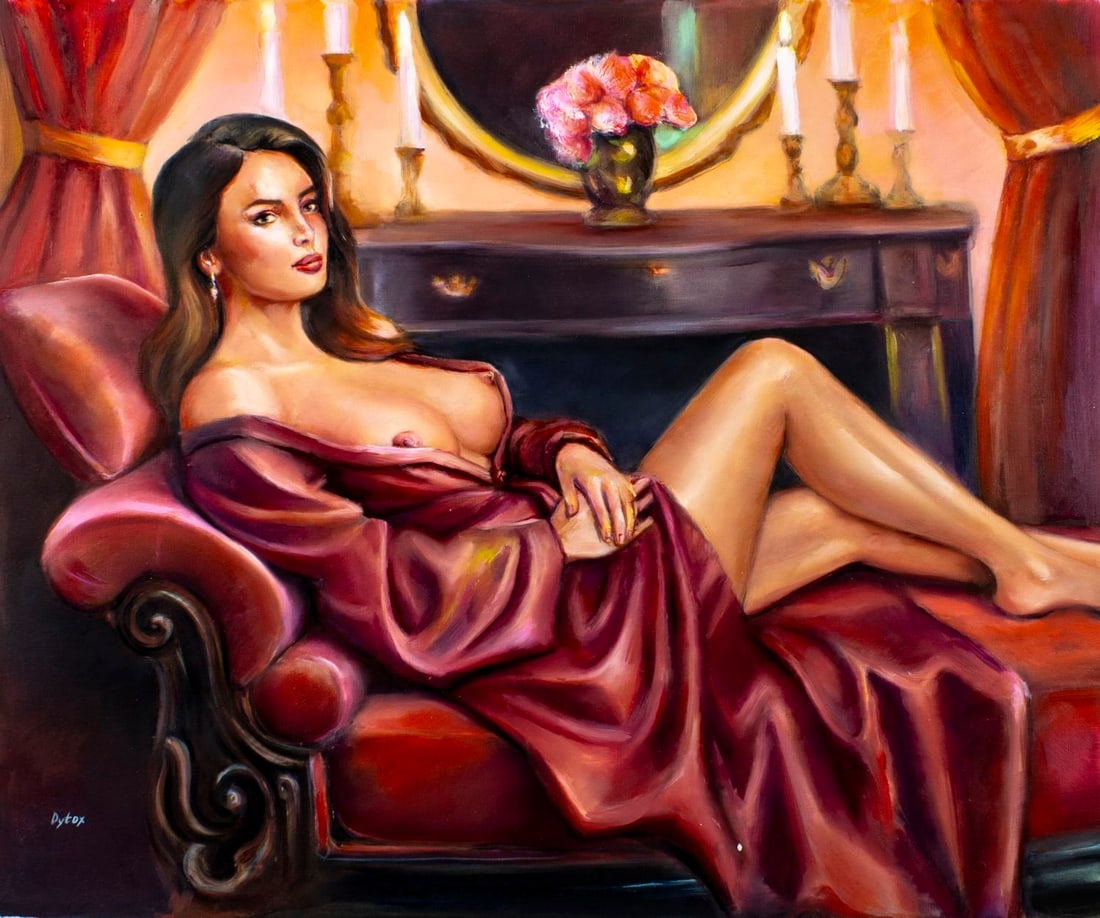 Dmitro Yaschenko (Ukraine,b 1990) oil painting: ARTIST: Dmitro Yaschenko (Ukrainian, born 1990) TITLE: Reclining Female Semi Nude MEDIUM: oil on canvas CONDITION: Unstretched (In-House stretching available). Very good. No