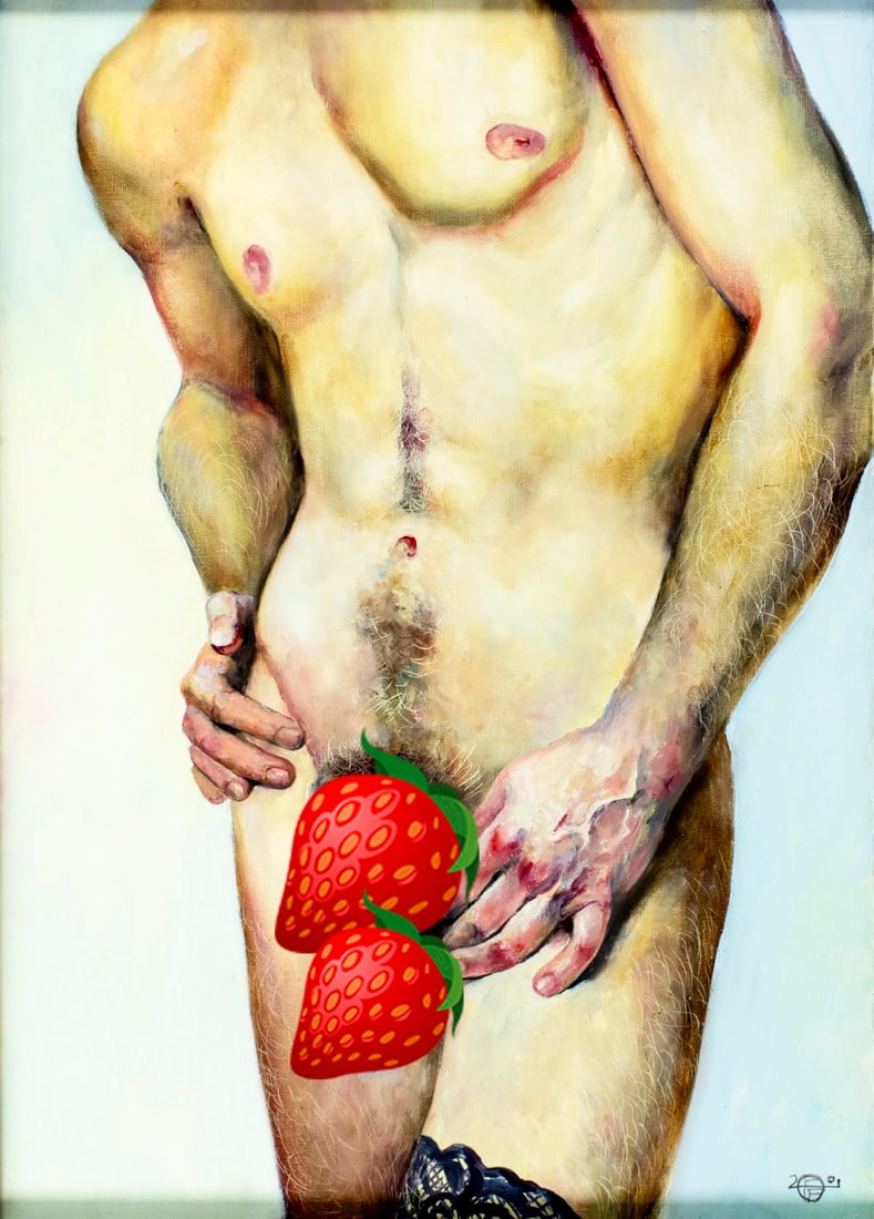 Contemporary 20/21C American oil painting: ARTIST: - (American, 20/21 centuries) TITLE: Male Nude YEAR: 2001 MEDIUM: oil on canvas CONDITION: Some craquelure. No visible inpaint under UV light.<
