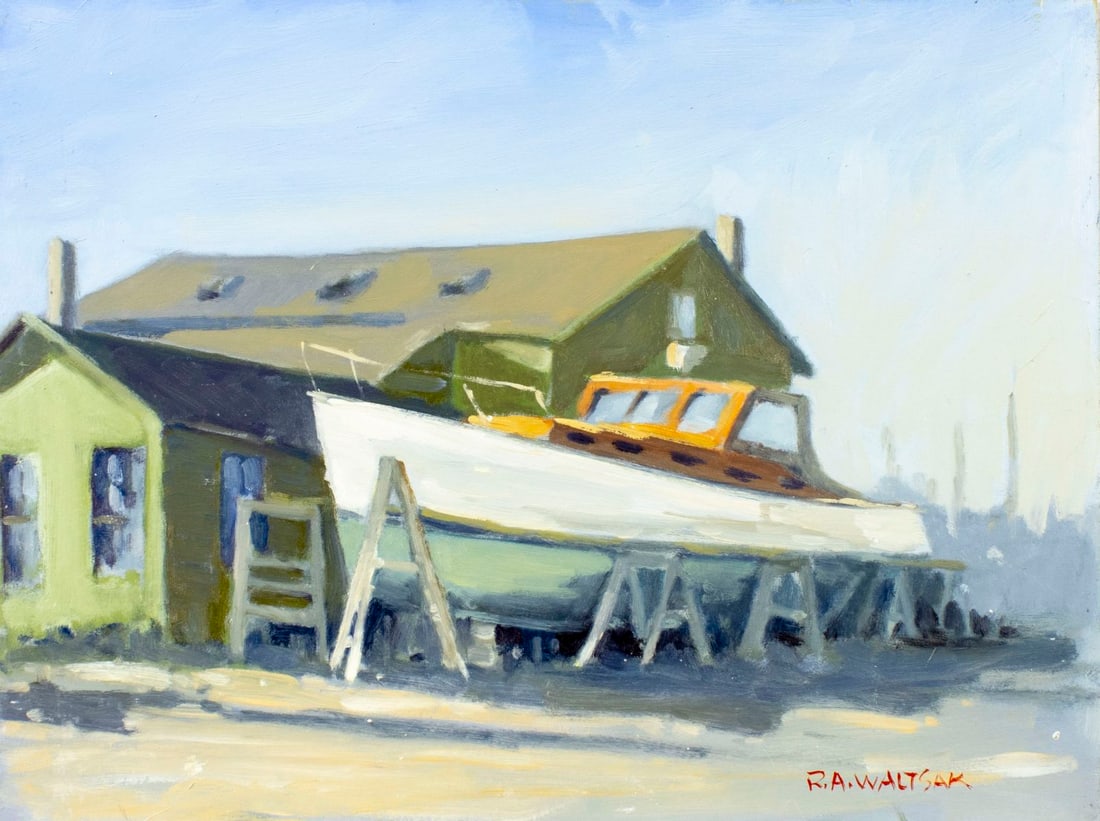 Robert Waltsak (NJ,b 1944) oil painting: ARTIST: Robert Alan Waltsak (New Jersey, born 1944) TITLE: Boatyard Scene MEDIUM: oil on board CONDITION: Few minor paint losses. No visible inpaint under UV light.