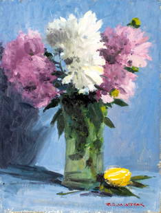 Robert Waltsak (NJ,b 1944) oil painting: ARTIST: Robert Alan Waltsak (New Jersey, born 1944) TITLE: Still Life with Vase of Peonies MEDIUM: oil on board CONDITION: One scratch. Minor paint losses along edges. No visible inpaint under UV