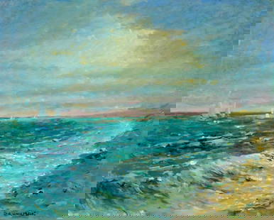 Robert Waltsak (NJ,b 1944) oil painting: ARTIST: Robert Alan Waltsak (New Jersey, born 1944) TITLE: Sunset Seascape with Sailboats MEDIUM: oil on canvas board CONDITION: Very good. No visible inpaint under UV light