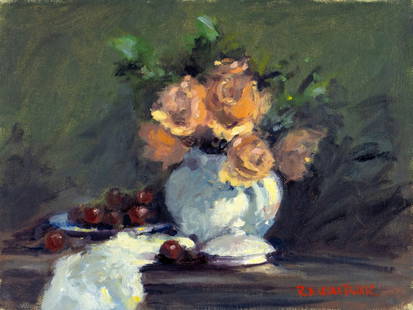 Robert Waltsak (NJ,b 1944) oil painting: ARTIST: Robert Alan Waltsak (New Jersey, born 1944) TITLE: Still Life with Vase of Roses MEDIUM: oil on canvas CONDITION: Overall good. No visible inpaint under UV light. No