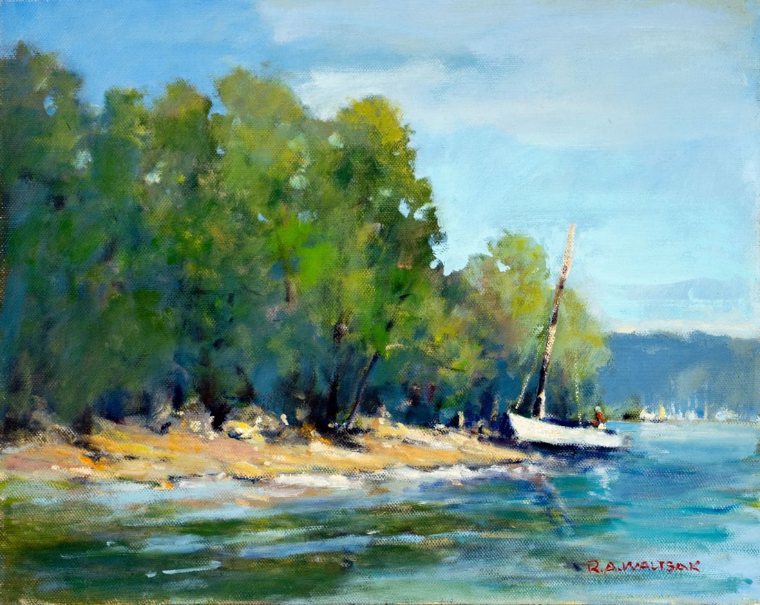 Robert Waltsak (NJ,b 1944) oil painting: ARTIST: Robert Alan Waltsak (New Jersey, born 1944) TITLE: Coastal Landscape with Boat MEDIUM: oil on canvas CONDITION: Few very minor scratches/paint losses along the right