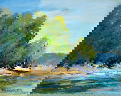 Robert Waltsak (NJ,b 1944) oil painting: ARTIST: Robert Alan Waltsak (New Jersey, born 1944) TITLE: Coastal Landscape with Boat MEDIUM: oil on canvas CONDITION: Few very minor scratches/paint losses along the right