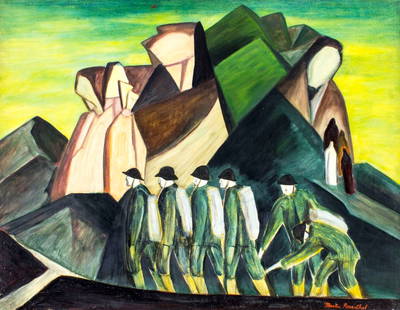 Martin Rosenthal (NY,MA,1899-1974) oil painting: ARTIST: Martin Rosenthal (New York, Massachusetts, 1899 - 1974) TITLE: Soldiers Going to War MEDIUM: oil on canvas CONDITION: Few minor paint losses. No visible inpaint under UV light. ART SIZE: 28
