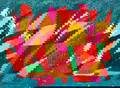 Martin Rosenthal (NY,MA,1899-1974) oil painting: ARTIST: Martin Rosenthal (New York, Massachusetts, 1899 - 1974) TITLE: Abstract Composition YEAR: 1967 MEDIUM: oil on heavy paper CONDITION: Some flaking/paint losses (see pictures carefully). No