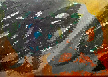 Pios Rodaman (FL,Brazil,b 1953) mixed media painting: ARTIST: Pios Rodaman (Florida, Brazilian, born 1953) TITLE: Abstract Composition YEAR: 1997 MEDIUM: mixed media on canvas. Canvas applied to board. CONDITION: