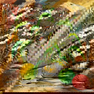 Pios Rodaman (FL,Brazil,b 1953) oil painting: ARTIST: Pios Rodaman (Florida, Brazilian, born 1953) TITLE: White Flowers (titled on verso) MEDIUM: oil on board CONDITION: Few small paint losses. Minor craquelure. No visi