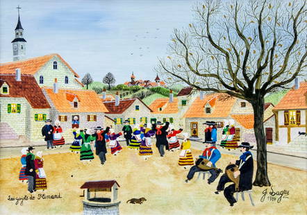 Jean Pierre Lagrue (France,1939-2018) oil painting: ARTIST: Jean Pierre Lagrue (French, 1939 - 2018) TITLE: Les Gojet de St Amand YEAR: 1984 MEDIUM: oil on board CONDITION: Very good. No visible inpaint