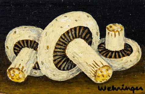 Charles Wehringer (NY,20C) oil painting: ARTIST: Charles Wehringer (New York, 20 century) TITLE: Still Life with Champignons MEDIUM: oil on board CONDITION: Some damages to lower edge. No visible inpaint under UV light. ART SIZE: 2 x 3