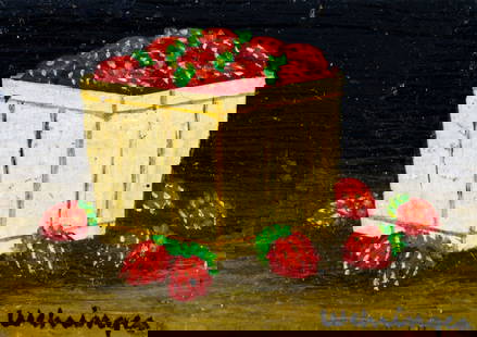 Charles Wehringer (NY,20C) oil painting: ARTIST: Charles Wehringer (New York, 20 century) TITLE: Still Life with Basket of Strawberries MEDIUM: oil on board CONDITION: Overall good. No visible inpaint under UV light. ART SIZE: 2 x 3 inches