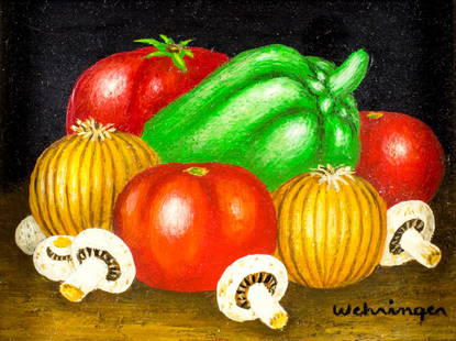 Charles Wehringer (NY,20C) oil painting: ARTIST: Charles Wehringer (New York, 20 century) TITLE: Still Life with Vegetables and Mushrooms MEDIUM: oil on board CONDITION: Very good. No visible inpaint under UV light. ART SIZE: 4 x 5 inches