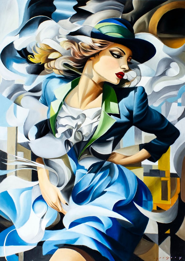 Igor Grey (Ukraine,b 1975) oil painting: ARTIST: Igor Grey (Ukrainian, born 1975) TITLE: Homage to Tamara de Lempicka (titled on verso) MEDIUM: oil on canvas CONDITION: Unstretched (In-House stretching available).
