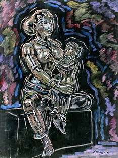Evelyn Metzger (NY,Brazil,1911-2007) oil painting: ARTIST: Evelyn Borchard Metzger (New York, Brazilian, 1911 - 2007) TITLE: Mother and Child YEAR: 1994 MEDIUM: oil on board CONDITION: Minor damage to t