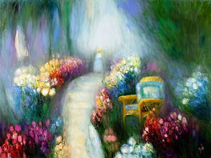 Yolanda Razzeto (Peru,1948-?) oil painting: ARTIST: Yolanda Razzeto (Peruvian, 1948 - ???) TITLE: Garden Landscape with Girl MEDIUM: oil on canvas CONDITION: Missing a few flakes of paint. Few minor scratches. No visible inpaint under UV