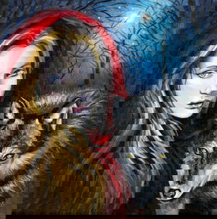 Kamille Freske (PA,20/21C) acrylic painting: ARTIST: Kamille Freske (Pennsylvania, 20/21 centuries) TITLE: Girl and Wolf YEAR: 2015 MEDIUM: acrylic on canvas CONDITION: Very good. No visible inpaint