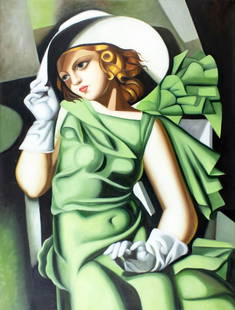 Contemporary decorative oil painting: ARTIST: - (20/21C) AFTER Tamara De Lempicka (California, New York, France, Poland, 1898 - 1980) TITLE: Young Woman in Green with Gloves MEDIUM: oil on canvas CONDITION: