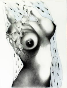 Aurelio Shapay Zuniga (Cuba,b 1960) graphite painting: ARTIST: Aurelio Shapay Zuniga (Cuban, born 1960) TITLE: Surreal Composition MEDIUM: graphite on heavy paper CONDITION: Overall good. Framed under glass. ART SIZE: