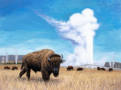 Glen Fortune Banse (NJ,1948-2018) oil painting: ARTIST: Glen Fortune Banse (New Jersey, 1948 - 2018) TITLE: Buffalos in Yellowstone Park YEAR: 2014 MEDIUM: oil on canvas CONDITION: Few minor scratche