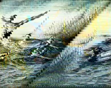 Justus (US,20C) oil painting: ARTIST: Justus (American, 20 century) TITLE: Ducks MEDIUM: oil on canvas CONDITION: Overall good. No visible inpaint under UV light. Wear to frame. ART SIZE: