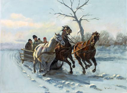 Janos Viski (Hungary,1891-1987) oil painting: ARTIST: Janos Viski (Hungarian, 1891 - 1987) TITLE: Winter Scene with Horse Carriage MEDIUM: oil on canvas CONDITION: Minor paint losses. No visible inpaint under UV light