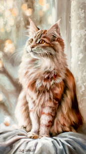 Oleg Yurtaev (Russia,b 1981) oil painting: ARTIST: Oleg Yurtaev (Russian, born 1981) TITLE: Cat - Peachy Wonder (titled on verso) MEDIUM: oil on canvas CONDITION: Unstretched (In-House stretching available). Very goo