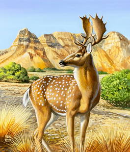 Chuck Ripper (WV,PA,1929-2019) gouache painting: ARTIST: Chuck Ripper (West Virginia, Pennsylvania, 1929 - 2019) TITLE: Persian Fallow Deer (titled on verso) YEAR: 1998 MEDIUM: gouache on board CONDITION: Very good. ART SIZE: 15 x 13 inches / 38