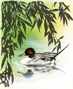 Alexei Isakov (Russia,20C) gouache painting: ARTIST: Alexei Isakov (Russian, 20 century) TITLE: Pintail Duck, Belgium (titled on verso) YEAR: 1990 MEDIUM: gouache on paper. Paper applied to board. CONDITION: Overall good. ART SIZE: 16 x 13