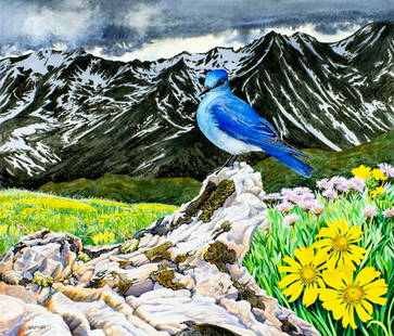Michael Warren (UK,1938-?) watercolor painting: ARTIST: Michael Warren (United Kingdom, 1938 - ???) TITLE: Mountain Bluebird, Colorado (titled on verso) YEAR: 1985 MEDIUM: watercolor on heavy paper CONDITION: