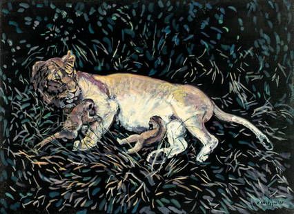 Evelyn Metzger (NY,Brazil,1911-2007) oil painting: ARTIST: Evelyn Borchard Metzger (New York, Brazilian, 1911 - 2007) TITLE: Lion Family (titled on verso) YEAR: 1995 MEDIUM: oil on board CONDITION: Some