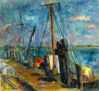 Clara Klinghoffer (NY,UK,Austria,1900-1970) oil painting: ARTIST: Clara Klinghoffer (New York, United Kingdom, Austrian, 1900 - 1970) TITLE: Battening Down, RI (titled on label) YEAR: 1948 MEDIUM: oil on canvas CONDITI