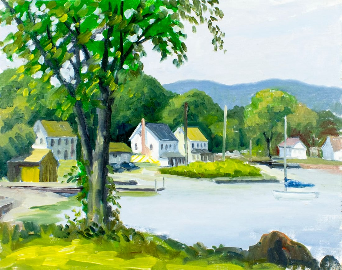 George Holloway (NJ,20C) oil painting: ARTIST: George Holloway (New Jersey, 20 century) TITLE: Lake Town Landscape MEDIUM: oil on canvas board CONDITION: Overall good. No visible inpaint under UV light.