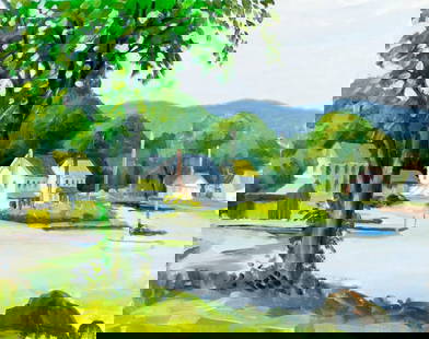 George Holloway (NJ,20C) oil painting: ARTIST: George Holloway (New Jersey, 20 century) TITLE: Lake Town Landscape MEDIUM: oil on canvas board CONDITION: Overall good. No visible inpaint under UV light.