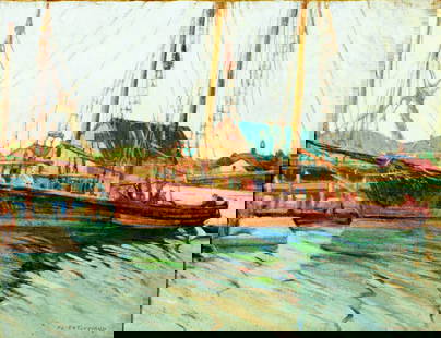 Helen Elizabeth Turquand (Canada,mid 20C) oil painting: ARTIST: Helen Elizabeth Turquand (Canadian, mid 20 century) TITLE: Harbor Scene with Ship MEDIUM: oil on canvas. Canvas applied to board. CONDITION: Few small scratches/pain