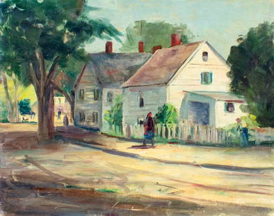 Helen Adele Fleck (NY,IL,Peru,1887-1948) oil painting: ARTIST: Helen Adele Fleck Seyffert (New York, Illinois, Peru, 1887 - 1948) TITLE: Town Scene MEDIUM: oil on canvas board CONDITION: Minor damages to corners. Few minor scratches/paint losses. No