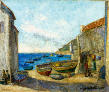 Hildegarde Hamilton (FL,VA,1898-1970) oil painting: ARTIST: Hildegarde Hume Hamilton (Florida, Virginia, 1898 - 1970) TITLE: Harbor Scene YEAR: 1965 MEDIUM: oil on canvas CONDITION: Minor damages to the lower edge of canvas. No visible inpaint under