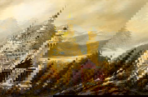 A Koster (German,20C) oil painting: ARTIST: A Koster (Germany, 20 century) TITLE: Neuschwanstein Castle Landscape, Germany MEDIUM: oil on canvas CONDITION: Unstretched (In-House stretching available). Few minor paint losses. No visible