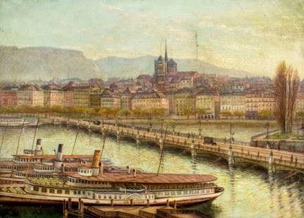 Christiane de Preval (French,1876-?) oil painting antique: ARTIST: Christiane de Preval (France, 1876 - ???) NAME: Geneve Cityscape YEAR: 1925 MEDIUM: oil on canvas CONDITION: One tear 1 1/2" long repaired with patch. Few small paint losses. Some
