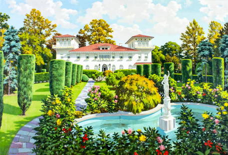 Cinderella (US,20C) oil painting: ARTIST: Cinderella (American, 20 century) TITLE: House and Garden YEAR: 1966 MEDIUM: oil on canvas CONDITION: Missing a few flakes of paint. No visible i