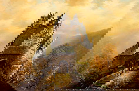 A Koster (German,20C) oil painting: ARTIST: A Koster (Germany, 20 century) TITLE: Eltz Castle, Germany MEDIUM: oil on canvas CONDITION: Unstretched (In-House stretching available). Overall good. No visible inp