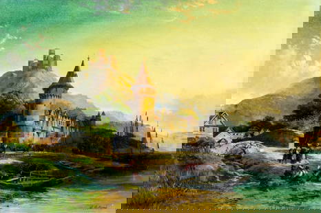 W Holland (Europe,19C) oil painting antique: ARTIST: W Holland (European, 19 century) TITLE: St Goar Housen on the Rhine YEAR: 1877 MEDIUM: oil on canvas CONDITION: Few minor paint losses. Some craquelure. Some scattered small inpaintings. Some