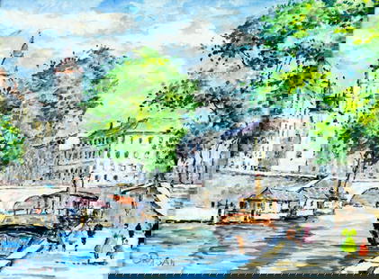 Rigan (France,20C) oil painting: ARTIST: Rigan (French, 20 century) TITLE: River Cityscape, Paris, France MEDIUM: oil on canvas CONDITION: Overall good. No visible inpaint under UV light. Wear to frame. ART SIZE: 12 x 16 inches / 30